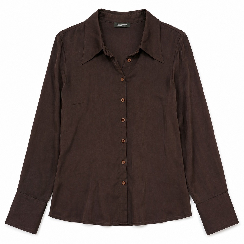 vtg y2K Sinequanone France Dark Brown Sheer Button Up Blouse S Minimalist Fairy